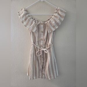 Altar'd State Tan White Striped Tie Front Dress Pockets Sz M Summer Brunch